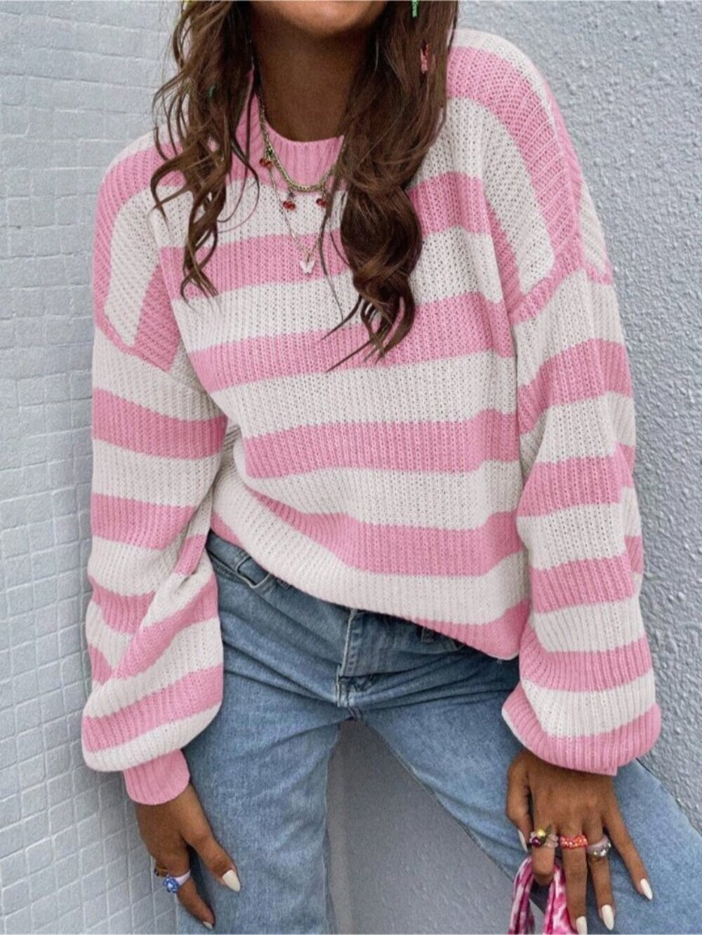 Multicolor Casual Women's Striped Dropped Shoulder Loose Pullover Sweater